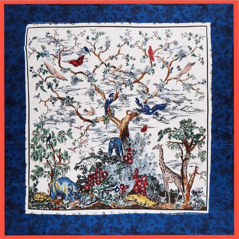 POBING Twill Silk Scarf Women Animals Tree Square Scarves Large Bandana Big Kerchief Hijab Scarf Female Head Scarf Foulard