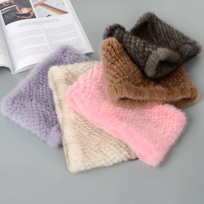 New Winter Knitted Scarf Ladies Genuine Mink Fur Headband Mink Hand-Woven Fur Stretchy Warm Bib