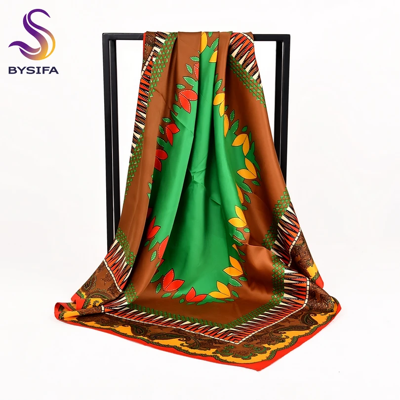 [BYSIFA] Women Rose Silk Scarf Shawl Spring Autumn Large Orange Green Square Scarves Wraps New Design Ladies Head Scarf Cape