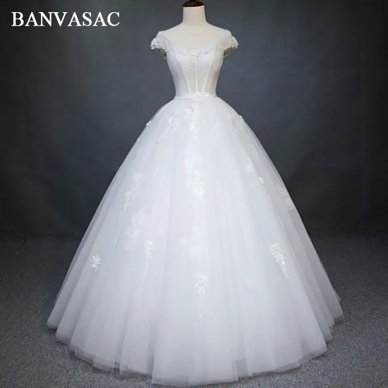 BANVASAC New Elegant Embroidery Flowers V Neck Wedding Dresses Short Cap Sleeve Satin Beadings Lace Bridal Ball Gowns