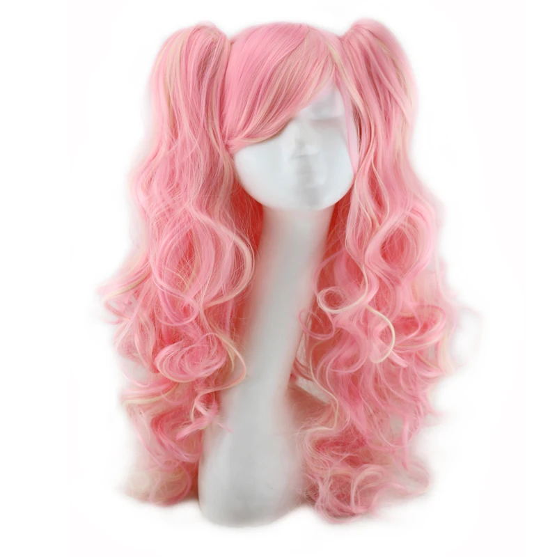 WoodFestival Synthetic Hair Cosplay Wig With Bangs Wavy Long Wigs For Women Two Claw Clip Ponytail Pink Red Blue Black White