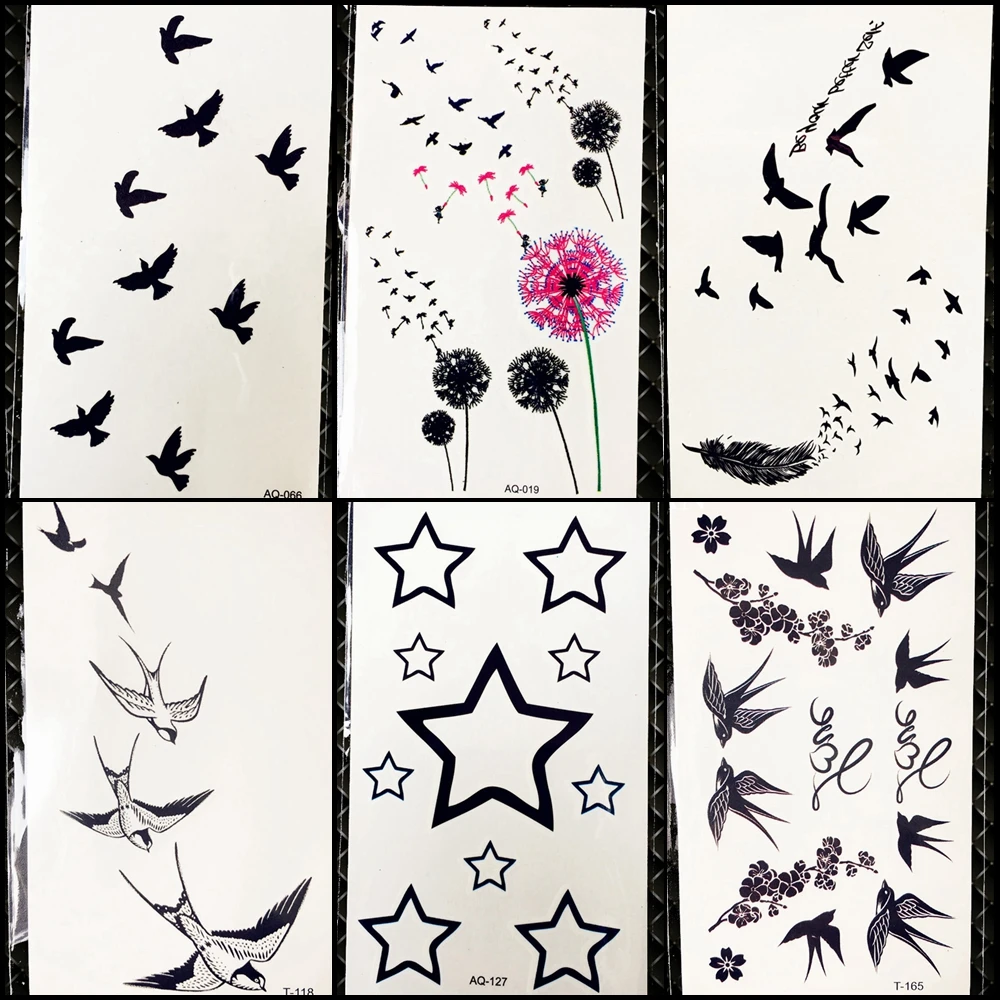 DIY Black Flying Birds Temporary Tattoo Colorful Dandelion Stickers Girls Face Party Tattoo Boys Hands Stars Fake Tatoos Makeup