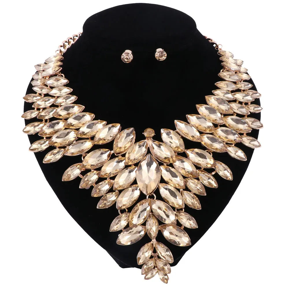 Women Crystal Jewelry Set Gold Color Fashion Necklace Earring African Costume Nigerian Wedding Accessories Jewelry Set