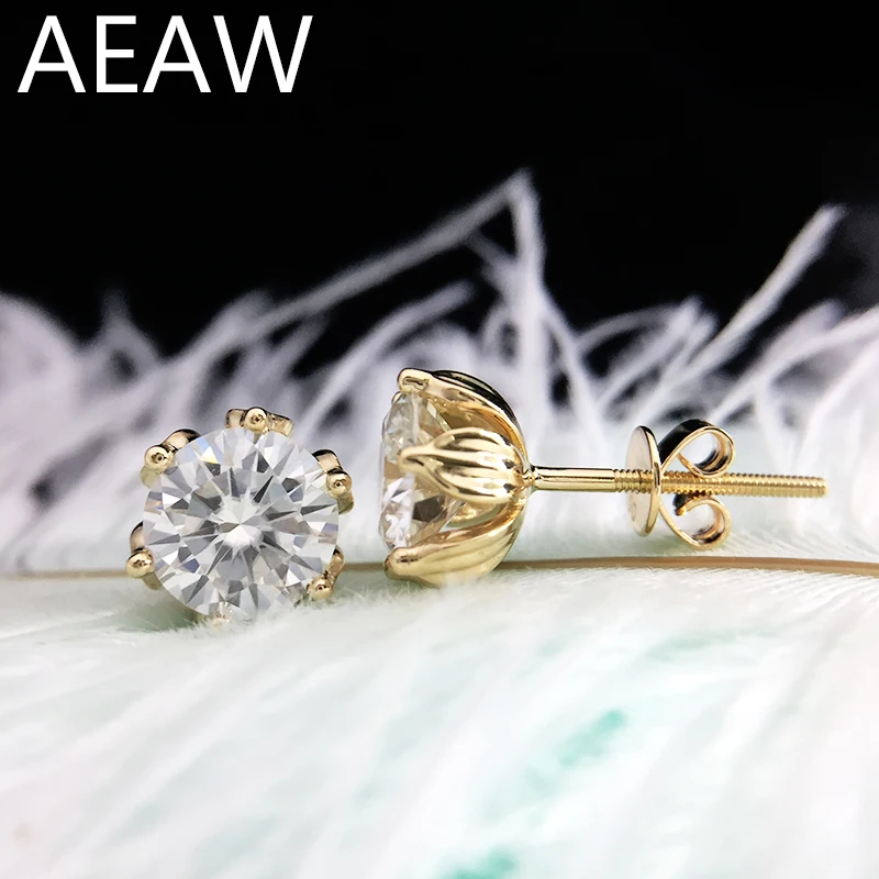 AEAW Flower Shaped 14K Yellow Gold 2ctw 4ctw DF Color Moissanite Diamond Stud Earrings For Women Push or Screw Back for Women