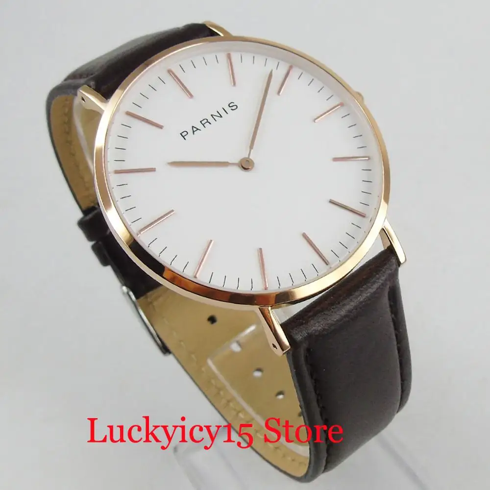 PARNIS Dress 41mm Quartz Men\'s Watch With Golden Watch Case Golden Marks Simple Dial Leather Strap