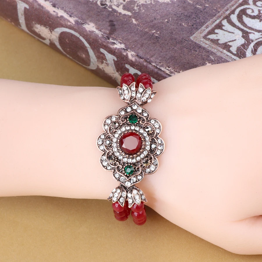 Kinel Boho Crystal Flower Couple Bracelet Jewelry Fashion Antique Gold Red Natural Stone Wedding Bracelet Bridal Party Gift Hot