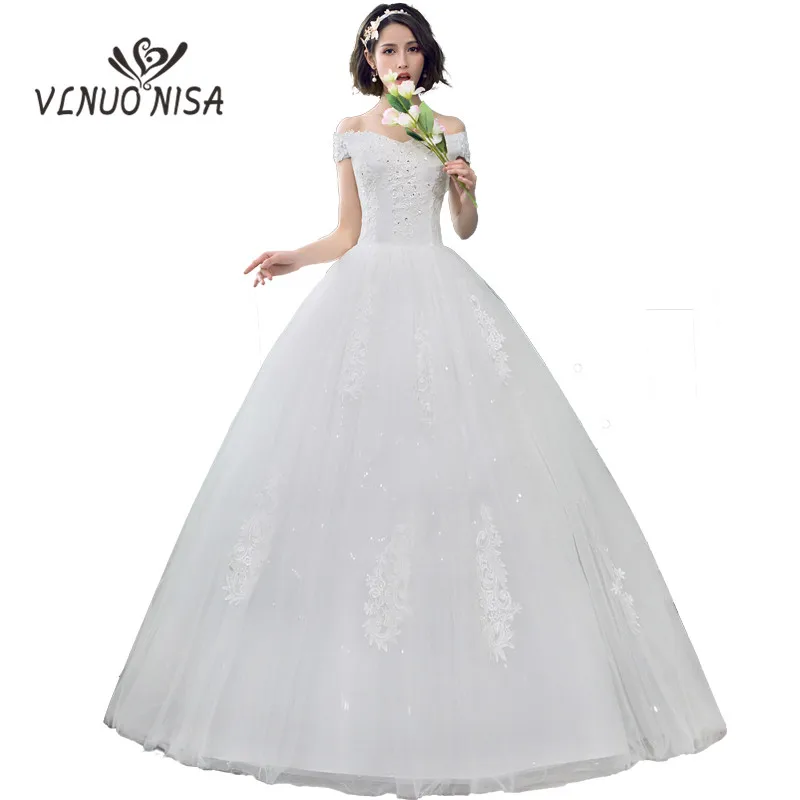 

Cheap Lace Wedding Dress 2020 V-Neck off the shoulder Tulle Korean style Bridal Applique Wedding Gowns Robe De Mariage