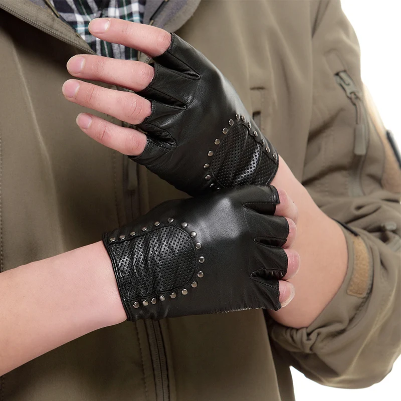 Women\'s Sheepskin Gloves Fingerless rock punk Rivets Driving Leather Gloves Free Shipping