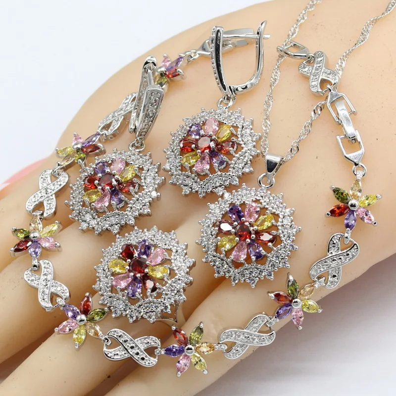 Silver Color Jewelry Sets Women Multi Semi-precious Necklace Pendant Bracelets Earrings Rings  Gift