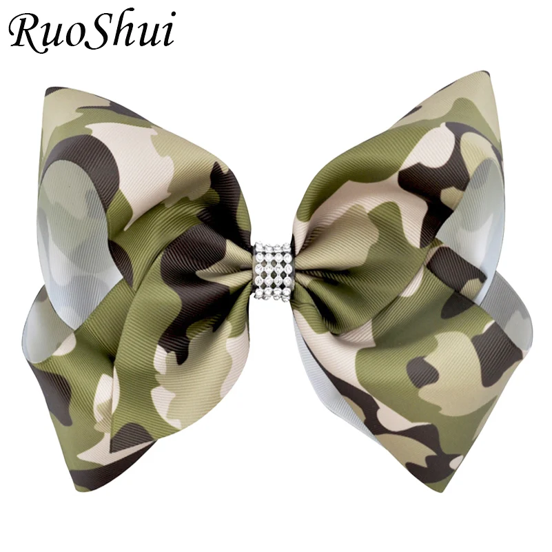 8 pollici ragazze grande Camouflage arcobaleno nastro Grosgrain fiocco per capelli fermagli per capelli con strass di lusso accessori per capelli da