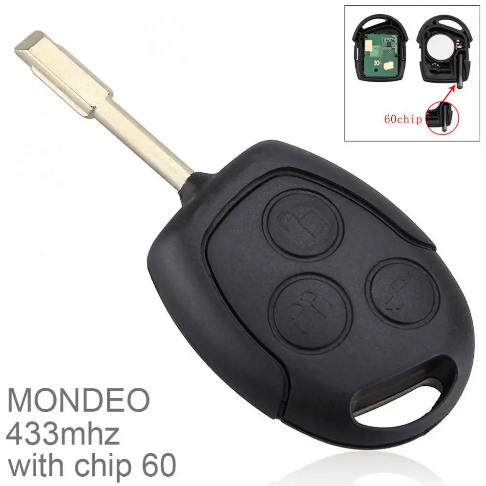 

433Hz/315Hz 3 Buttons Black Replacement Remote Car Key Fob Transmitter Clicker Alarm with Chip 60 for Ford MONDEO Fiesta Focus