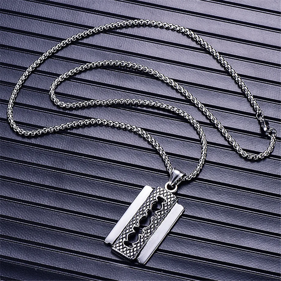 Punk Razor Blade Pendants Necklaces Gold Color Stainless Steel Chain Barber Shop Necklace for Men Jewelry