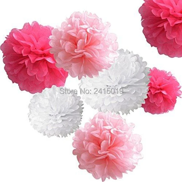 

24xNew mixed sizes hot pink pink white tissue paper bunting pom poms wedding party wall hanging decorative banner garland