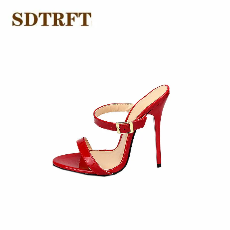 SDTRFT Stiletto Plus:46 47 48 49 50 Summer E+ width sandals 130mm thin heels sexy Open toe slides women Patent Leather shoes