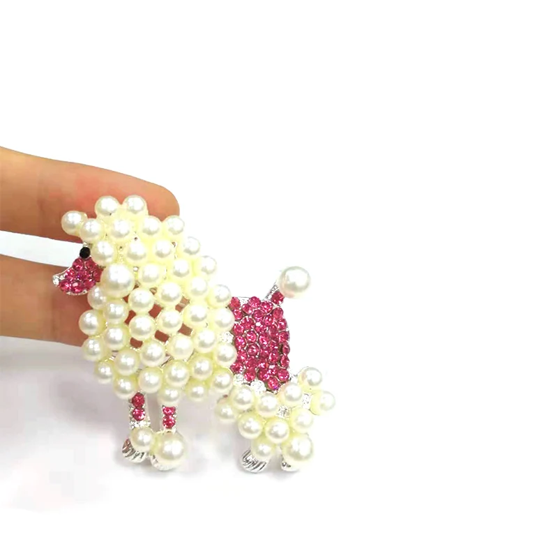 50/100pcs/lot free shipping 60mm cute pearl pink poodle dog animal Jewelry ornament shining Rhinestone Pin Brooches