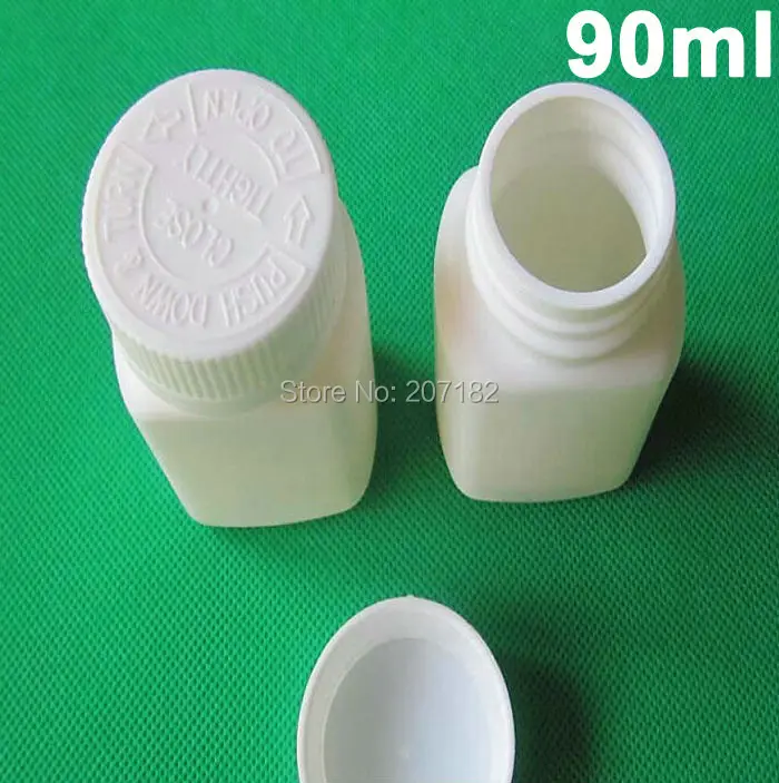 

(100pcs/lot) 90ml White Square HDPE Bottle, Capsule Bottle, 90g Child Proof Cap Plastic Bottle - Screw Cap Push Down To Unscrew