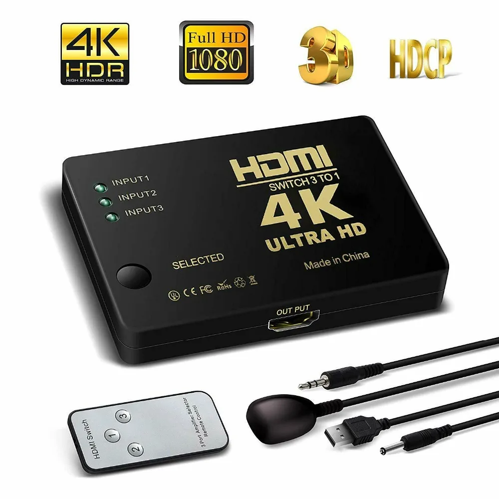 3 Port UHD 3D 4K 1080p HDMI Splitter Switch Selector Switcher Hub IR Remote HDTV