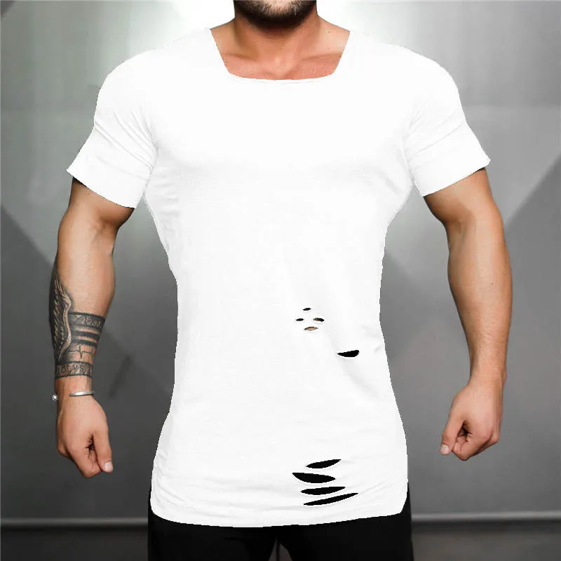 Muscleguys Brand 2023 Summer Long T-Shirt Men Fashion Hole Distressed Fitness T shirt Short Sleeve Solid Slim Fit Hip Hop Tshirt