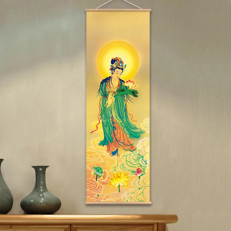 Wall Art Avalokitesvara Bodhisattva Thangka Buddhism Scroll Painting with wooden hanger Realistic Art Canvas Painting