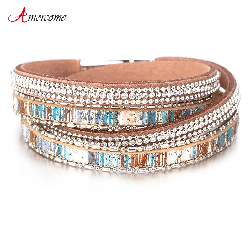 Amorcome Graffiti Leather Bracelets For Women Shiny Crystal Vintage Boho Multilayer Double Wrap Bracelet Femme Jewelry