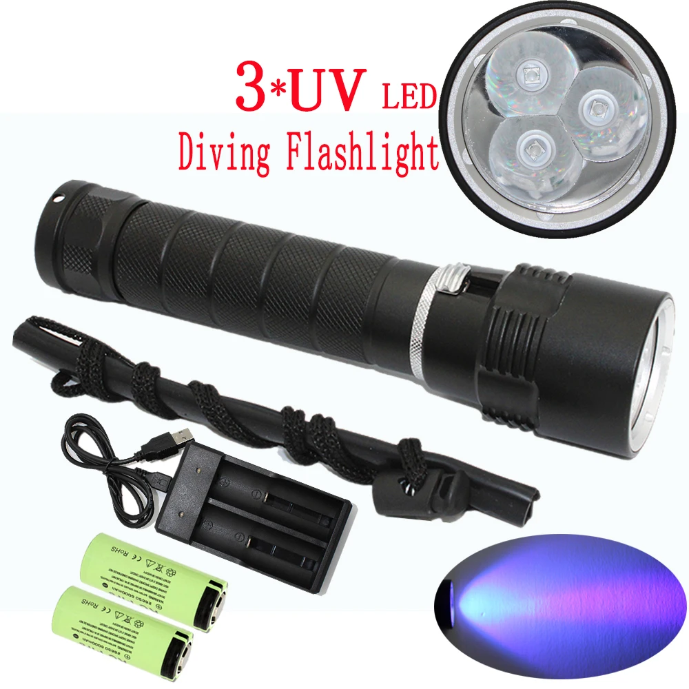 Underwater 100M 3x PURPLE UV LED Ultraviolet Light Lamp Scuba Diving Flashlight Torch Dive Lights +2x 26650 Battery + Charger