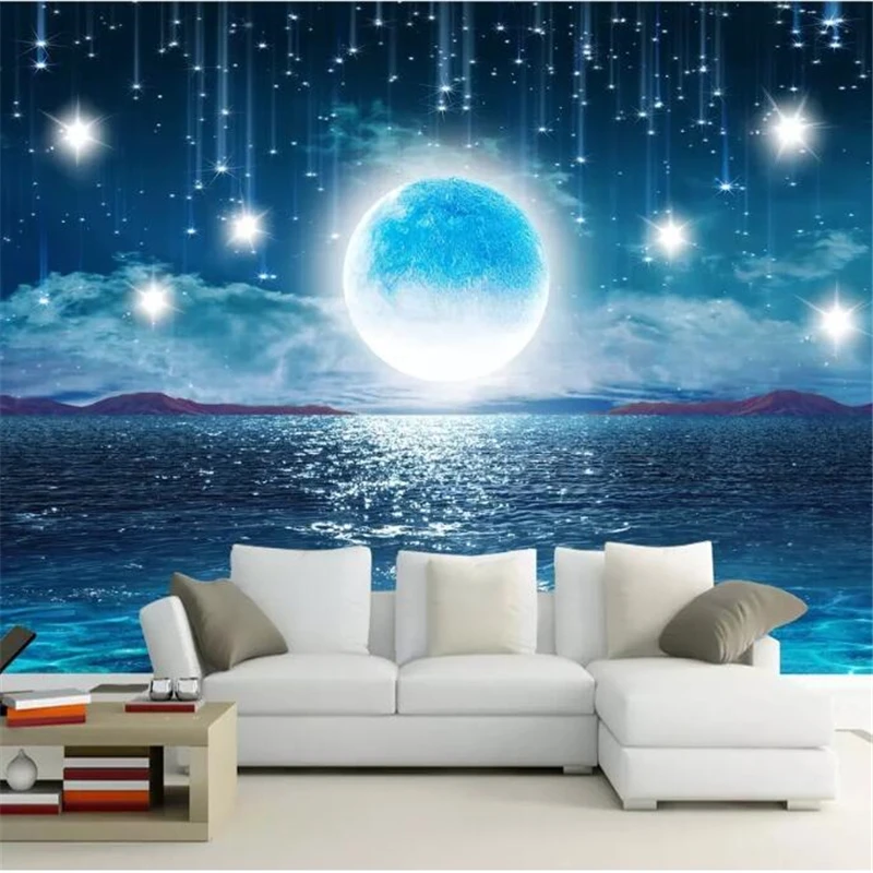 wellyu 3d Custom wallpaper   Water rose bright moon beautiful starry sky full moon landscape living room backdrop  wall paper