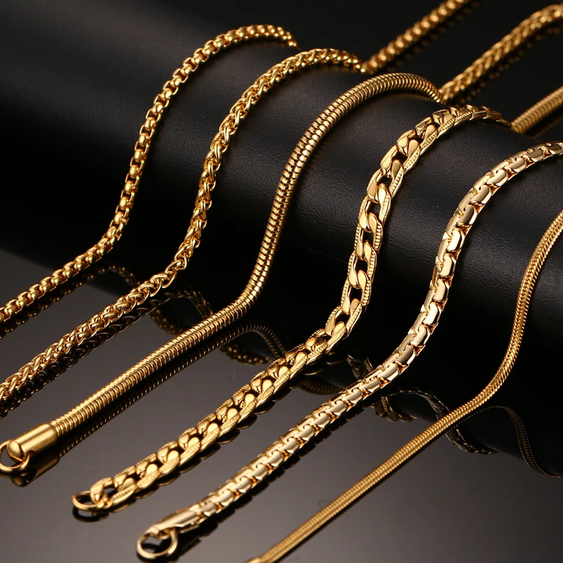 Vnox 24inch Gold-color Chain Necklace Long Stainless Steel Metal Snake/Cable/Round Box Chain