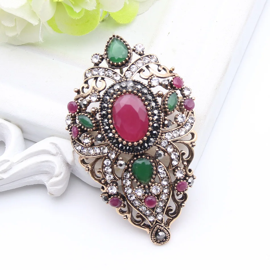 Vintage Turkish Women Flower Brooches Pins Antique Gold Color Resin Broches Brooch Pendant Dual-Purpose Ladies Ethnic Jewelry