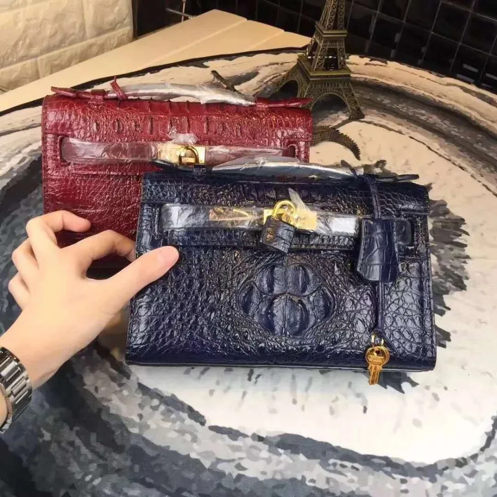 Hot selling luxury quality 100% real genuine crocodile skin women chain shouder bag green color crocodile head skin lady bag