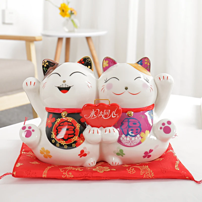 9.5 Inch Ceramic Maneki Neko Statue Lucky Cat Money Box Fortune Cat Piggy Bank Feng Shui Figurine Wedding Gift Marriage License