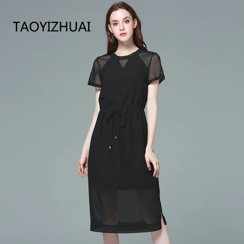 

TAOYIZHUAI knee length loose solid hight street style plus size lace up waist perspective black chiffon women's dress 11534