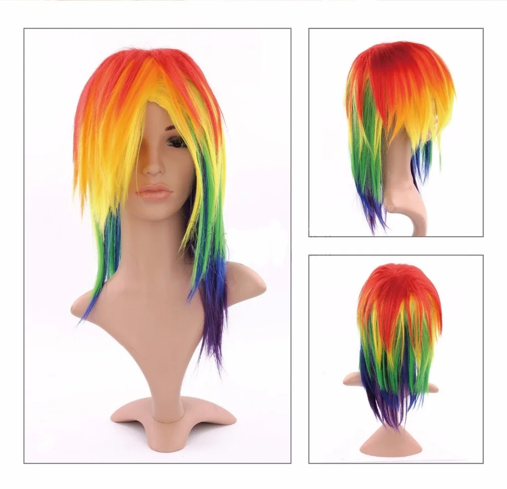 Womens Ladies Sexy Long Straight Full Wig Tail Set for Rainbow Dash Multi color Cosplay Halloween Costume Party Fancy Hair