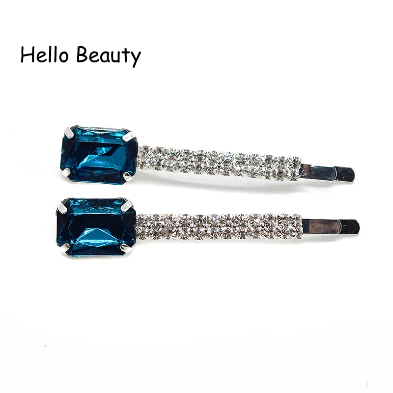 1 Pair Trendy Hair Accessories Luxury Sky Blue Crystal Bling Hair Barrette Square Stone Rhinestone Hair Clips For Women Girls