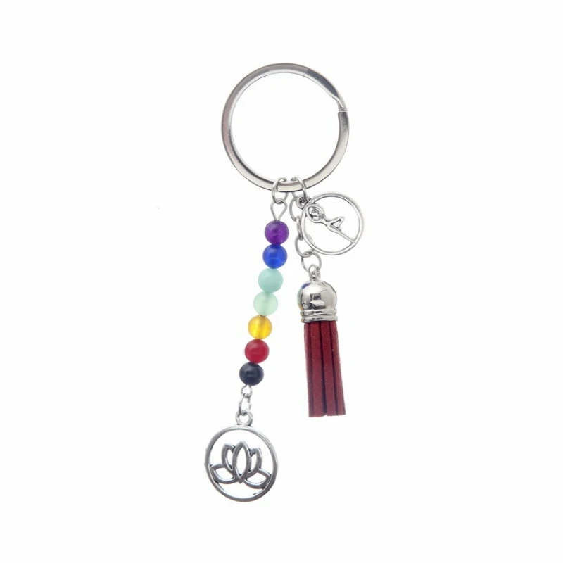 7 Chakras Natural Energy Stone Lotus Flower Yogi Keychain Women Yoga Fitness Aum Key Chain Tassel Trinket On Bags Jewelry Gift