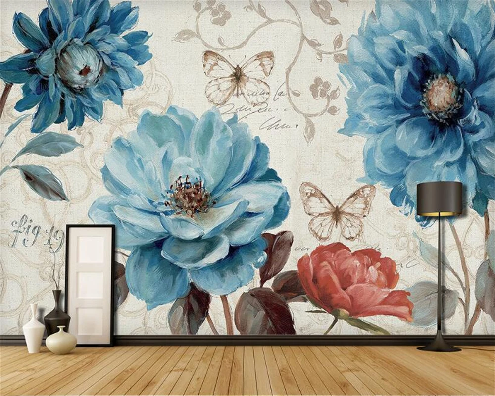 

Beibehang Custom wallpaper hand painted blue watercolor floral background wall living room bedroom TV background mural wallpaper