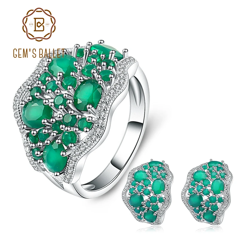 

GEM'S BALLET 14.31Ct Natural Green Agate Vintage Fine Jewelry Sets Pure 925 Sterling Silver Gemstone Earrings Ring Set For Women