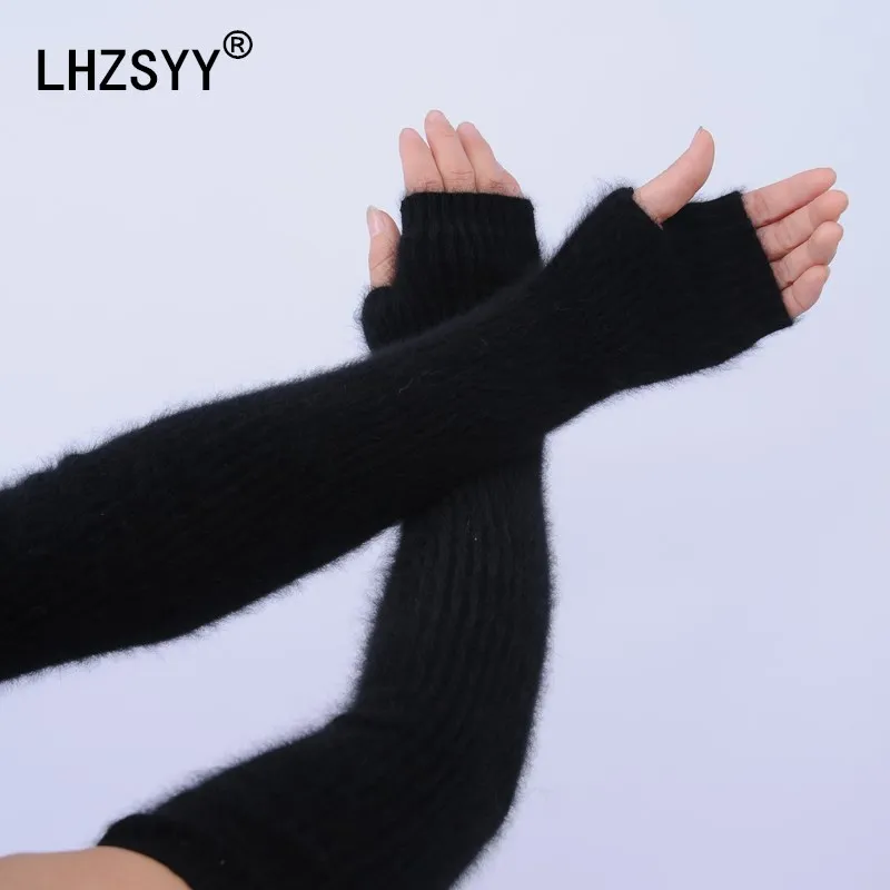 LHZSYY – gants d\'hiver en cachemire pour femmes, longs, épais et chauds, de couleur unie, avec trous pour les doigts, 40cm