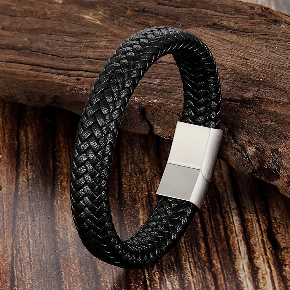 Fashion Genuine Leather Braid Bracelet Punk Stainless Steel Bangle Magnetic Clasp Black Brown Rope Chain for Men Jewelry