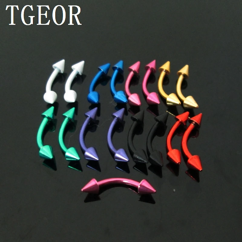 free shipping Hot Selling plated Electrophoresis colors 100pcs 1.2*8*3mm surgical Stainless Steel spike piercing eyebrow ring