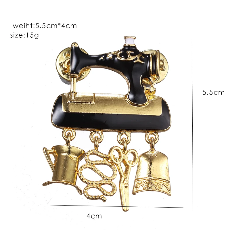 ZRM Fashion Jewelry Black Enamel Sewing Machine Brooches for Women Gold Color Charm Cute Brooch Pin Good Gift Brooch