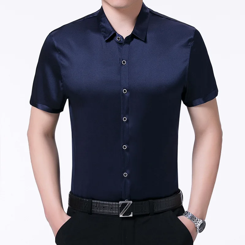 Silk Short Sleeved Shirt, Men's Thin Summer Pure Color 100% Silk Shirt