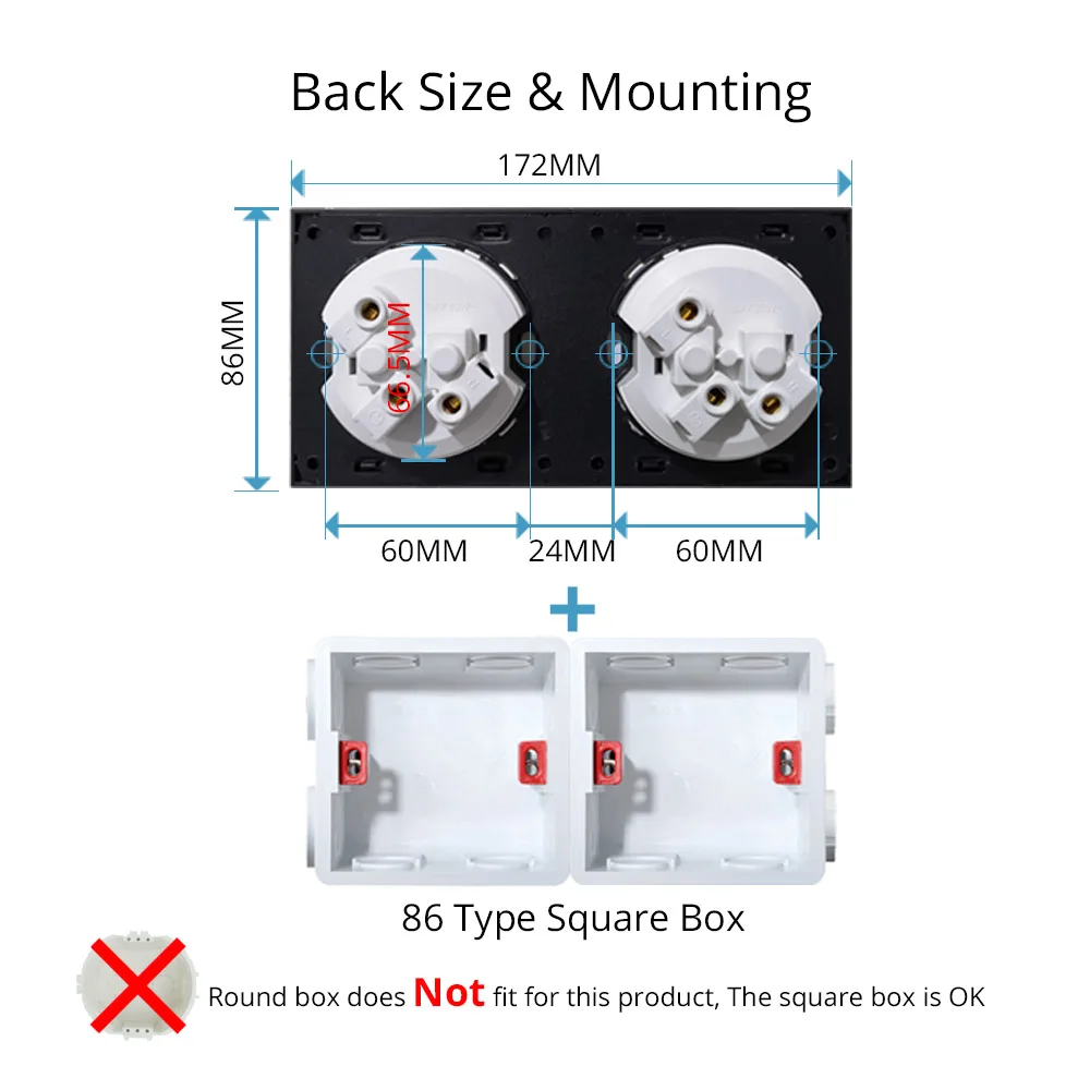 Wallpad L6 Double 2 Gang EU German Plug Wall Socket Schuko Dual Power Outlet Twin White Tempered Glass Panel 172*86mm
