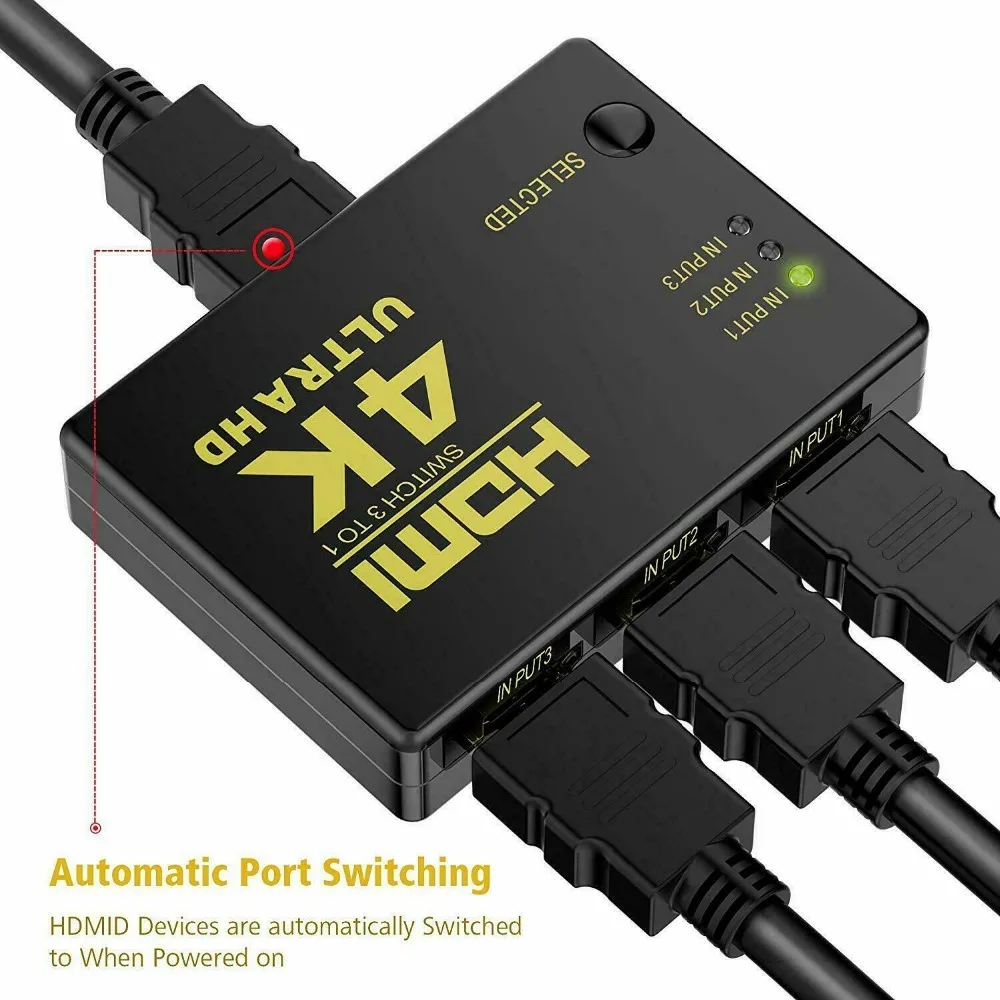 3 Port UHD 3D 4 K 1080 P HDMI Splitter Switch Selector Switcher Hub IR Remote HDTV