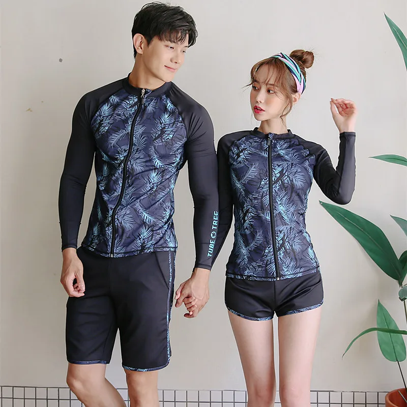 Men\'s 2pcs /Women\'s 3pcs Set Zip Front Long Sleeve Top and Bottoms, Rashguards Swimsuit, Swim Sun Shirt, Trunks Matching Couples