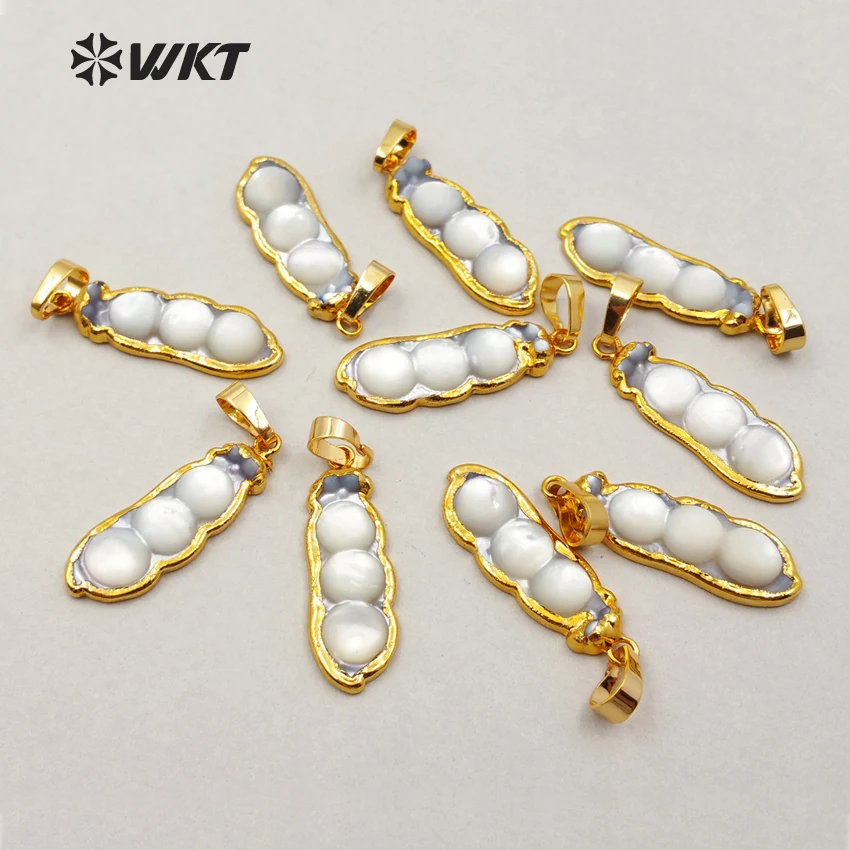 

WT-P1156 WKT Wholesale Custom New Arrived Elegant Natural Shell Pendant With Gold Trim Bean Shape Pendant For Fashion Jewelry