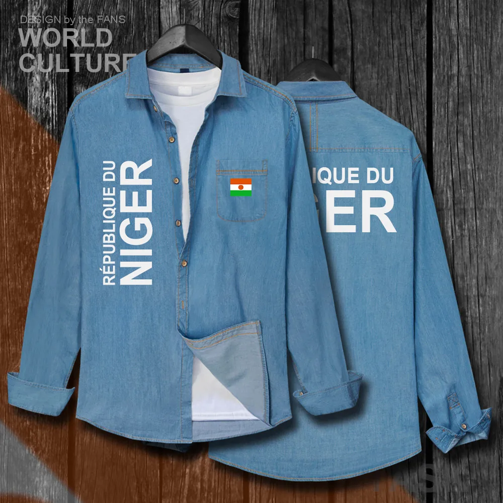 

Niger Nigerien NE NER Men Flags Clothes Spring Autumn Cotton Long Sleeve Cowboy Casual Coat Fashion Turn-down Collar Jeans Shirt