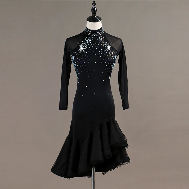 

Women New Hollow Back Black Shiny Rhinestone Mesh Transparent Sexy Black Latin Dance Adult Modern Dance Tango Waltz Dinner Dress