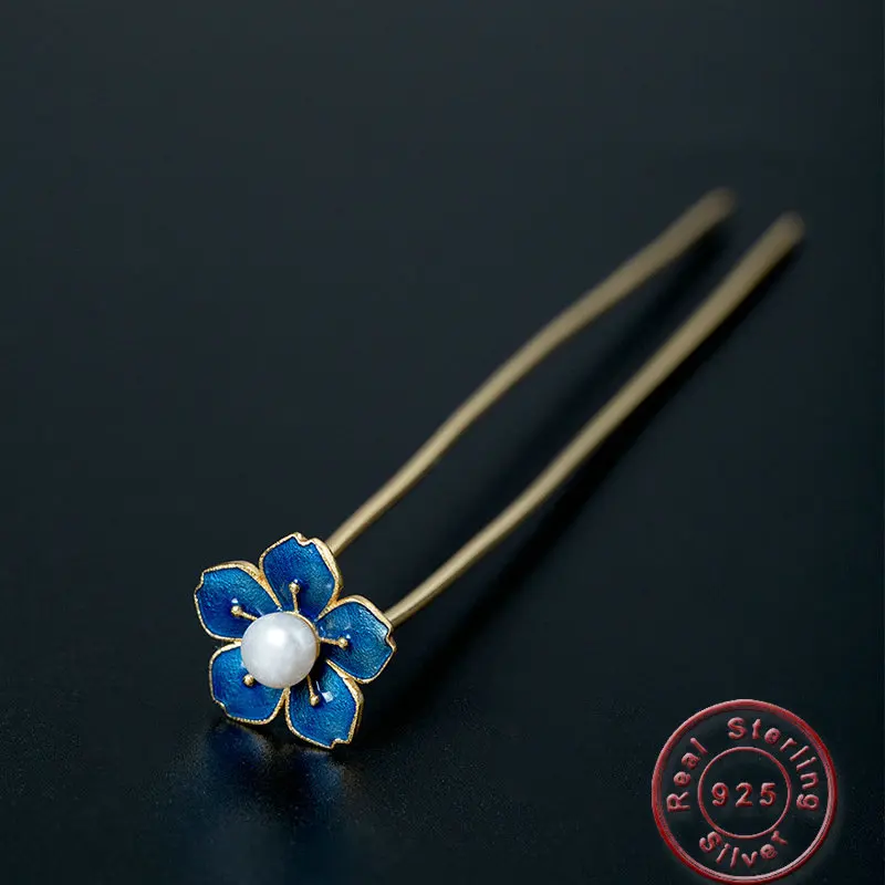 Amxiu Freshwater Pearl Hair Jewelry Blue Enamel 925 Sterling Silver Hair Sticks Gold Color Hairpins For Women Girls Accessories