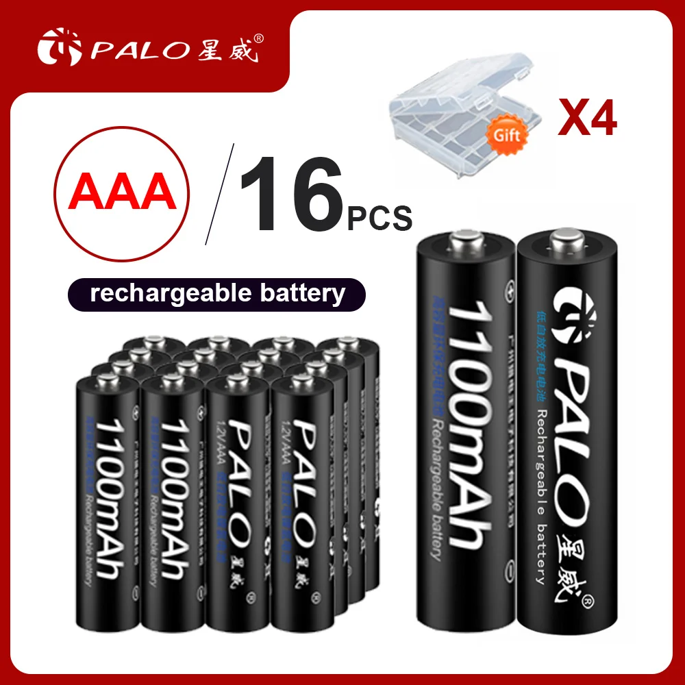 

16Pcs PALO AAA Battery Ni-MH 1.2V 1100mAh AAA Rechargeable Battery Batteries 3A Bateria Baterias with 4 Battery Hold Case Box