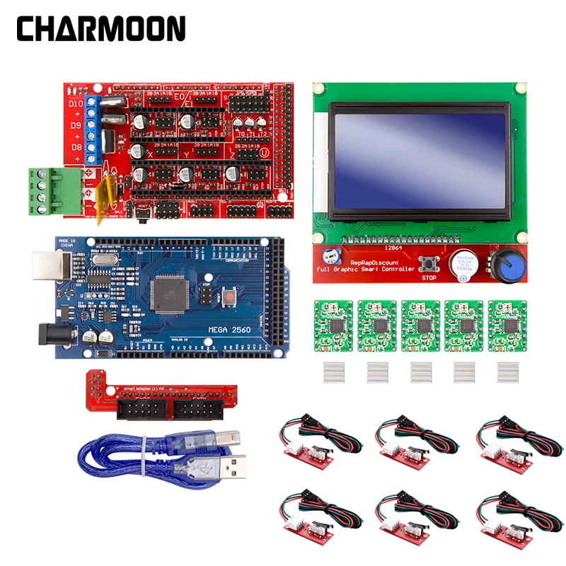 3D Printer Kit for Arduino Mega 2560 R3 + RAMPS 1.4 Controller + LCD 12864 + 6 Limit Switch Endstop + 5 A4988 Stepper Driver New